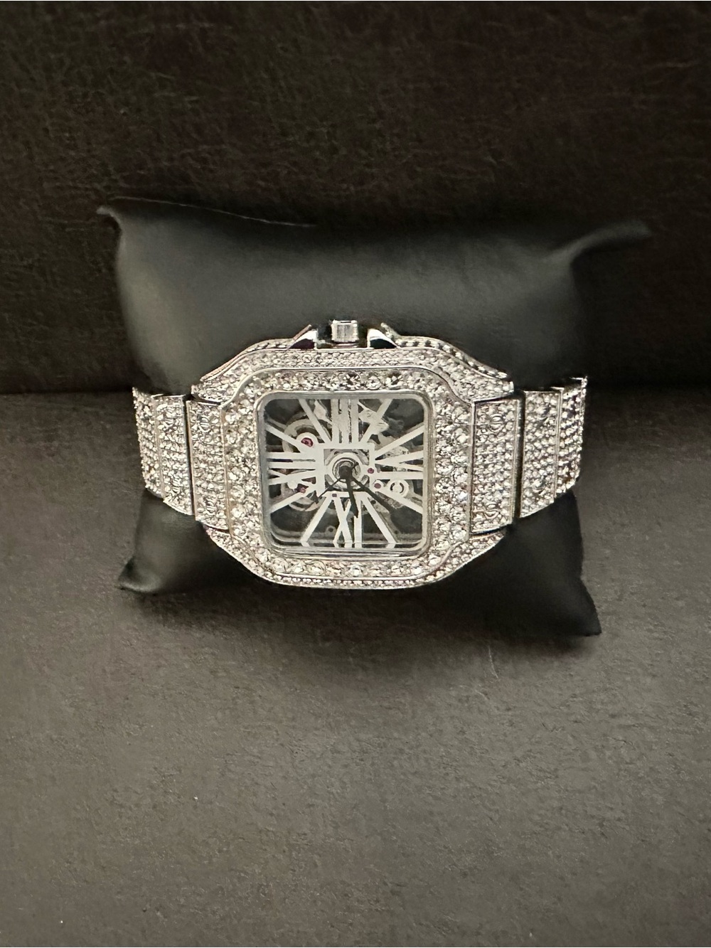 Iced out bust down see-through Square Skeleton Dial Watch